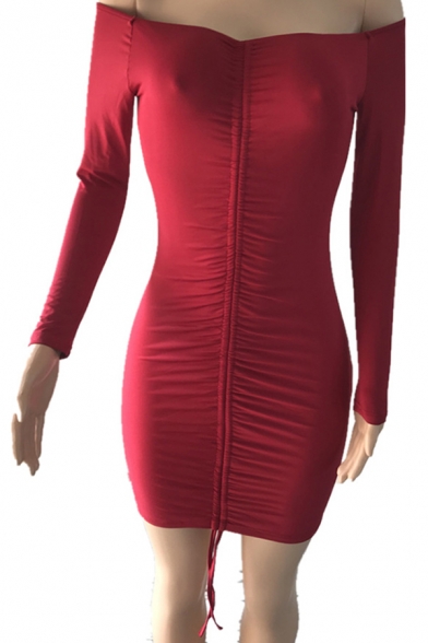 Ladies Elegant Dress Solid Color Long Sleeve Off the Shoulder Drawstring Front Mini Sheath Dress