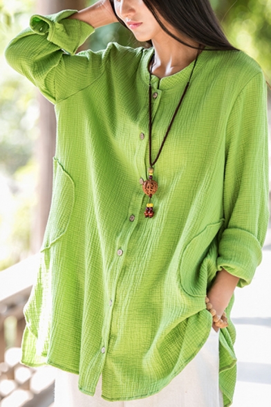 Ladies Vintage Shirt Linen and Cotton Long Sleeve Button Up Solid Color Loose Fit Shirt Top