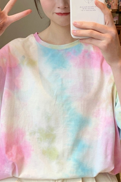 Leisure Women's Tee Top Tie Dye Pattern Round Neck Short Sleeves Relaxed Fit T-Shirt