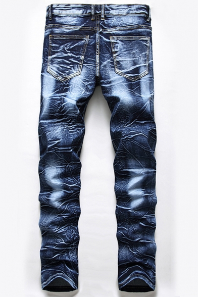 Men New Fashion Snow Washed Zipper Embellished Slim Blue Moto Jeans