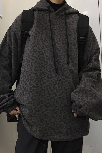 Mens Cool Hoodie Leopard Patterned Long Sleeve Drawstring Oversize Hoodie in Gray
