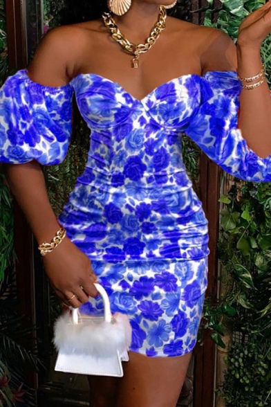 Popular Womens Dress Allover Floral Print Short Sleeve Off the Shoulder Mini Tight Dress