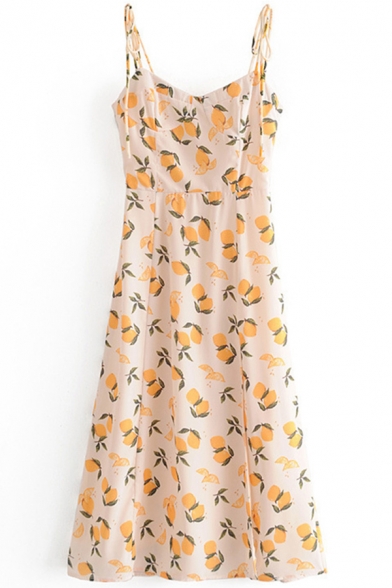 Pretty Womens Dress Allover Lemon Printed Tied Shoulder Short A-line Cami Dress in Orange