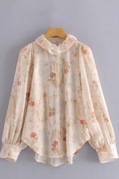 Pretty Womens Shirt Apricot Allover Floral Print Long Sleeve Button Up Curved Hem Relaxed Fit Shirt Top