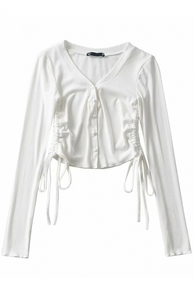 Pretty Womens T Shirt Plain Drawstring Sides Long Sleeve V-neck Button Up Fit Crop T Shirt