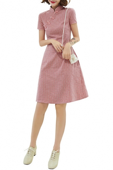 Retro Womens Dress Plaid Pattern Knee-Length Mandarin Collar Slim Fit Short Sleeve Improved Cheongsam Dress