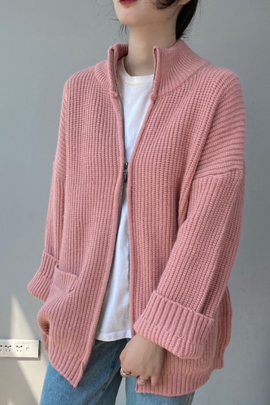 Simple Womens Cardigan Knitted Solid Color Long Sleeve Stand Collar Zipper Front Relaxed Fit Cardigan