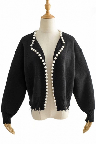 Simple Womens Cardigan Pearl Button Knit Solid Color Long Sleeve Relaxed Fit Cardigan