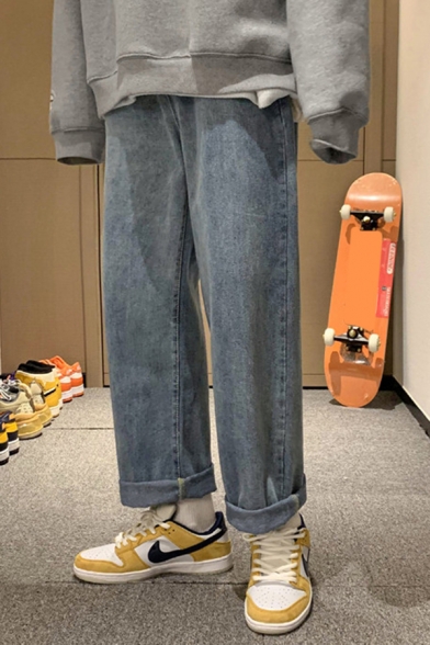 Street Boys Jeans Bleach Plain Mid Waist Long Length Straight Jeans in Blue