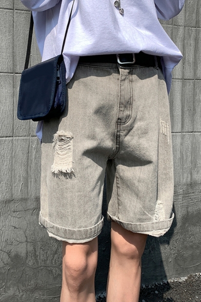 Street Boys Shorts Bleach Ripped Mid Rise Straight Plain Denim Shorts