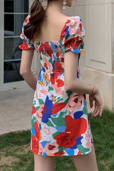 Stylish Women's A-Line Dress Floral Print Short Puff Sleeve Regular Fitted Mini A-Line Dress