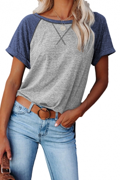 Trendy Women's Tee Top Heathered Contrast Panel Round Neck Rolled up Hem Short Sleeve Regular Fitted T-Short