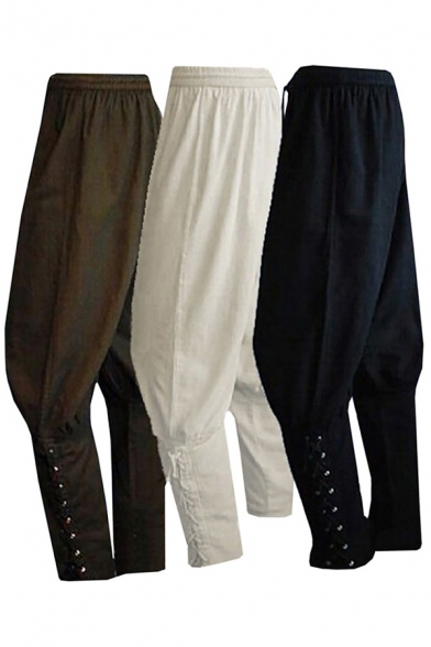 Vintage Mens Pants Plain Color Lace-up Hem Dropped Crotch Drawstring Waist Tapered Ankle Length Relaxed Harem Pants
