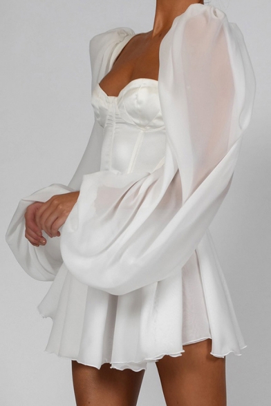 White Ladies Dress Sheer Mesh Puff Long Sleeve Sweetheart Neck Short Pleated A-line Dress