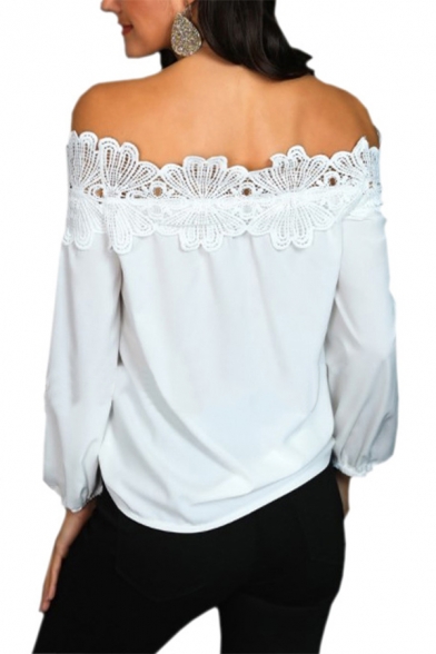 Women's Summer Sexy Off the Shoulder Long Sleeve Hollow Lace Trimmed White Blouse Top