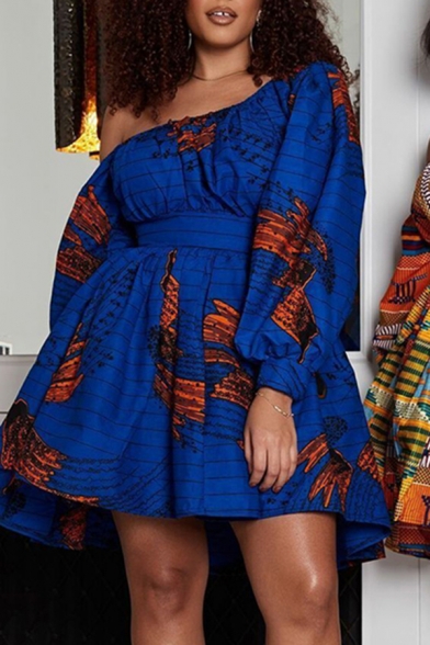 Womens African Dress Allover Blouson Sleeve Oblique Shoulder Tied Waist Mini Pleated Swing Dress