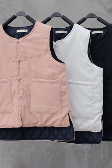 Womens Casual Vest Plain Quilted Frog Button Sleeveless Loose Fit Vest
