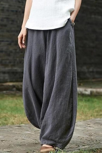 Basic Ladies Pants Linen Solid Color Elastic Waist Long Length Baggy Pants