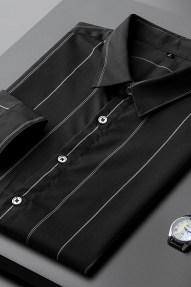 Basic Shirt Contrast Stripes Printed Button Closure Long Sleeve Slim Spread Collar Shirt for Men