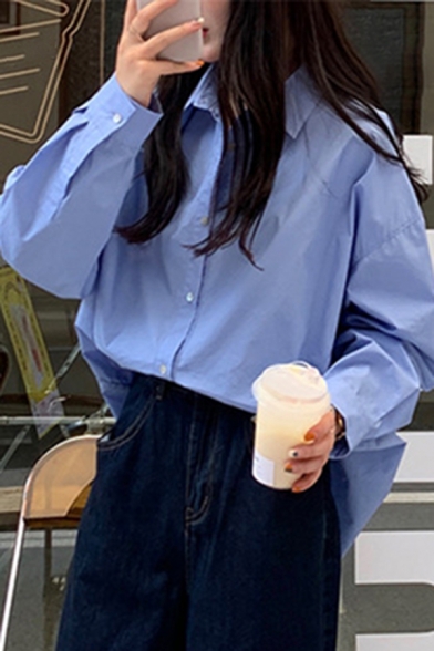 Casual Women's Shirt Blouse Solid Color Button Fly Spread Collad Long Sleeve Loose Fitted Shirt Blouse