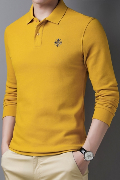 Classic Mens Polo Shirt Embroidered Turn-down Collar Button Detail Long Sleeve Slim Fit Polo Shirt