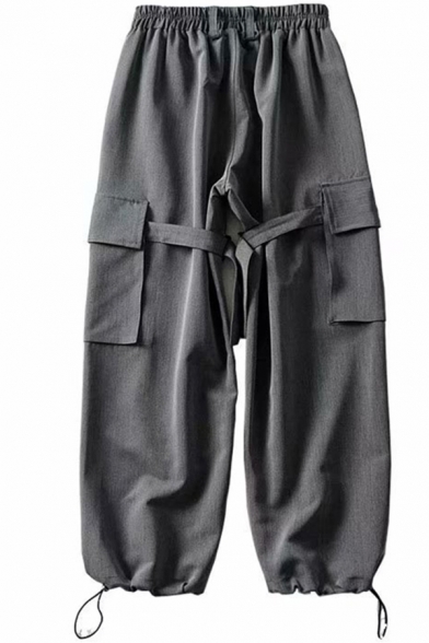Cool Girls Pants Solid Color Elastic Waist Drawstring Cuffs Flap Pockets Ankle Length Carrot Fit Cargo Pants