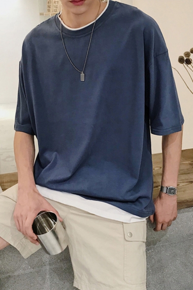Cozy Men's Tee Top Patchwork Contrast Trim Round Neck Short Sleeve Regular Fitted T-Shirt