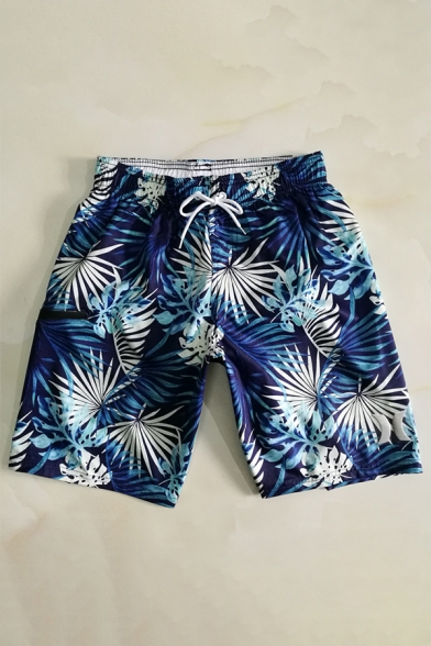 Fancy Men's Navy Blue Floral Tropical Plant Swim Bathing Shorts with Back Flap Pockets
