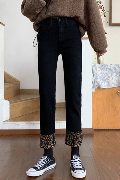 Fancy Women's Jeans Solid Color Contrast Leopard Panel High Waist Ankle Length Jeans