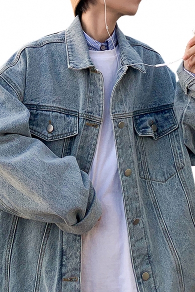 Fashion Boys Jacket Solid Color Long Sleeve Spread Collar Button Up Relaxed Fit Denim Jacket