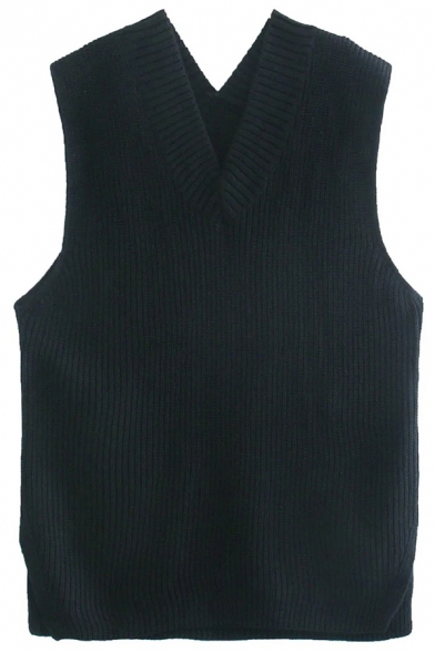 Fashionable Girls Vest Solid Color Knitted Sleeveless V-neck Loose Fit Vest