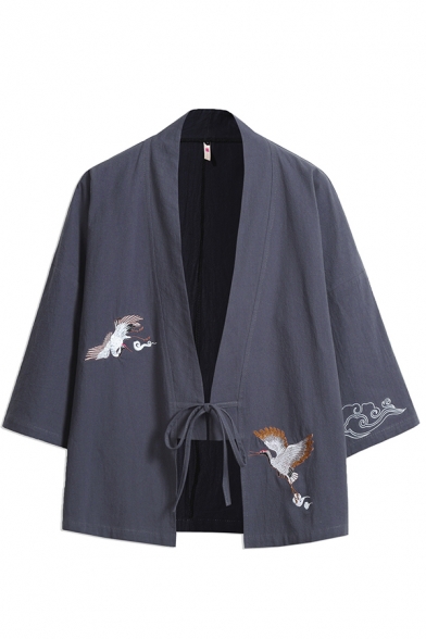 Fashionable Men's Kimonos Jacket Crane Embroidered Drawstring Front Long Sleeve Regular Fitted Kimonos Jacket