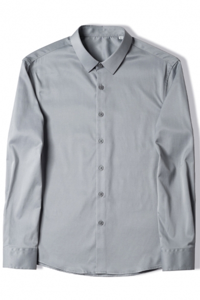 Formal Plain Shirt Long Sleeve Spread Collar Button Up Relaxed Fit Shirt for Men