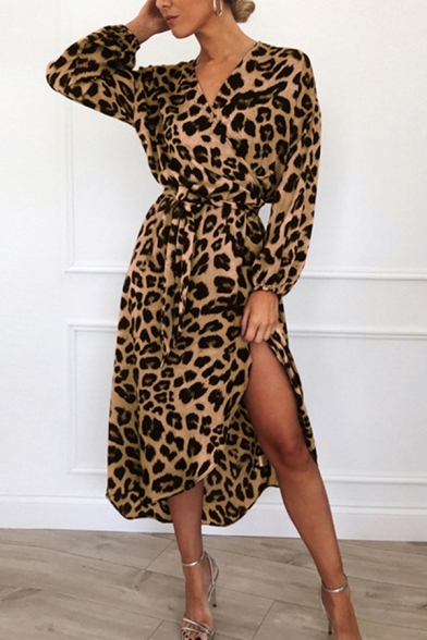 Girls Unique Dress Leopard Printed Long Sleeve Surplice Neck Slit Side Mid A-line Dress