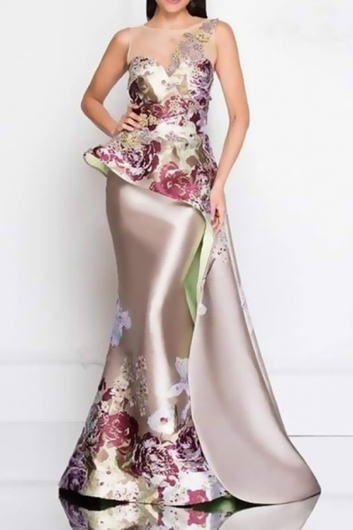 Gorgeous Womens Dress Flower Printed See-through Mesh Panel Round Neck Asymmetric Panel Maxi Fishtail Dress in Apricot