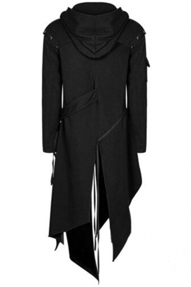 Halloween Mens Coat Plain Cosplay Ribbon Design Asymmetric Hem Zipper down Slim Long Sleeve Hooded Coat