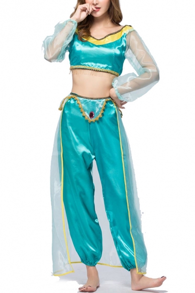 Halloween Womens Co-ords Satin Sheer Mesh Long Sleeve Cold Shoulder Fringe Fit Crop Top & Pants Set in Blue