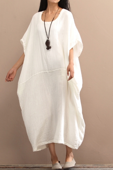 Leisure Womens Dress Linen Solid Color Batwing Sleeve Scoop Neck Maxi Oversize Dress in White
