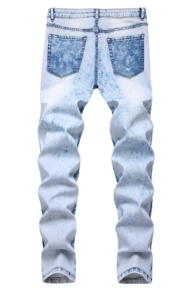 Men's Popular Fashion Snow Washed Light Blue Trendy Ripped Jeans