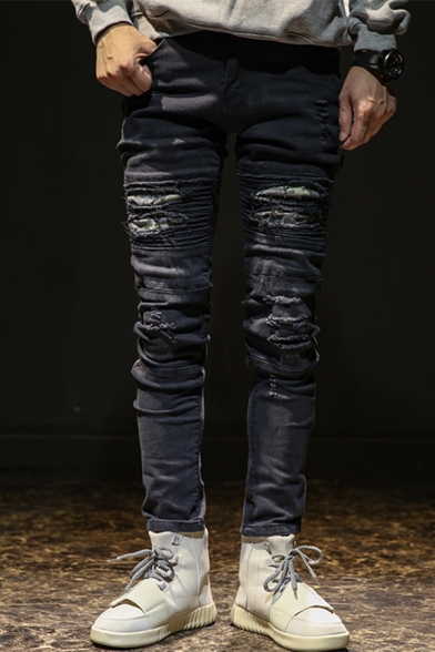 Mens Hot Fashion Solid Color Pleated Distressed Ripped Slim Fit Biker Jeans