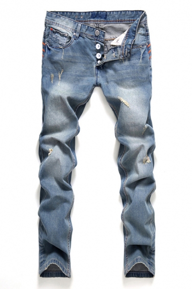 Retro Men's Jeans Light Distressed Design Button Fly Long Regular Fitted Jeans with Washing Effect
