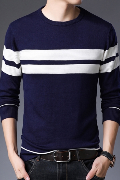 Retro Mens Sweater Stripe Pattern Ribbed Trim Long Sleeve Slim Fitted Round Neck Sweater