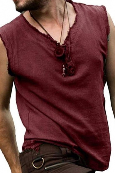 Retro Tank Top Solid Color Cotton Raw Edge Pullover Sleeveless V-Neck Slim Fit Tank Top for Men