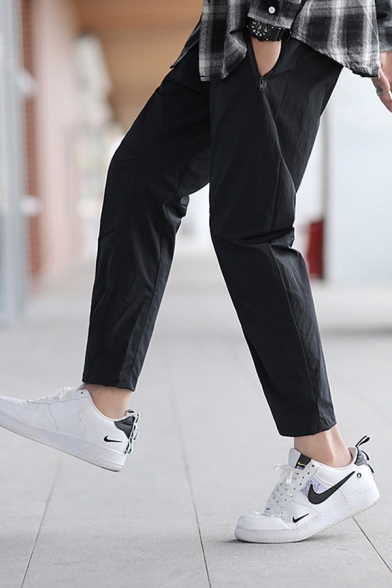 Simple Pants Plain Drawstring Waist Ankle Length Straight Pants in Black