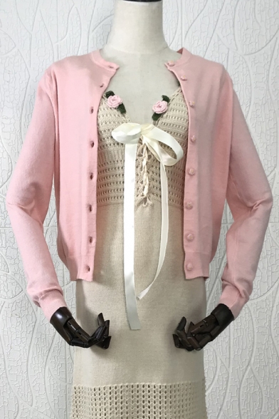 Simple Womens Cardigan Plain Long Sleeve Button Up Knit Regular Fit Cardigan in Pink