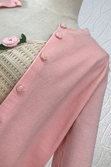 Simple Womens Cardigan Plain Long Sleeve Button Up Knit Regular Fit Cardigan in Pink