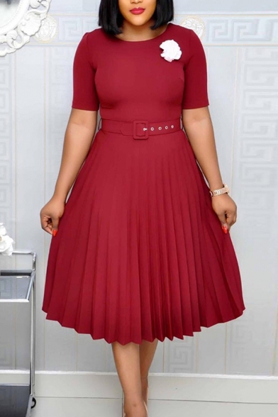 Simple Womens Dress Solid Color Short Sleeve Crew Neck Belted Midi Pleated A-line Dress