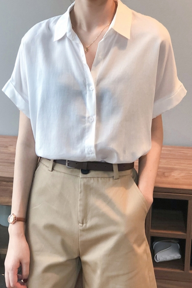 Simple Womens Shirt Plain Roll-up Sleeve Spread Collar Button Up Loose Fit Shirt Top
