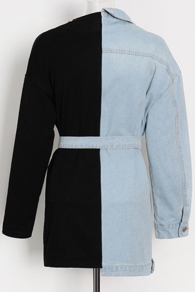 Stylish Girls Sweatshirt Denim Patched Bow Tied Waist Long Sleeve Crew Neck Regular Pullover Sweatshirt in Black-Blue