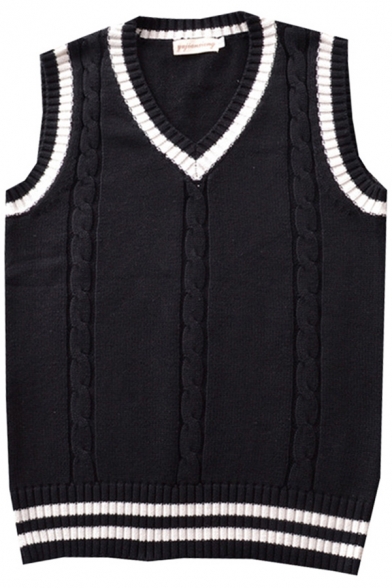 Stylish Women's Sweater Vest Contrast Stripe Ribbed Trim Cable Knit V Neck Sleeveless Relaxed Fit Pullover Vest